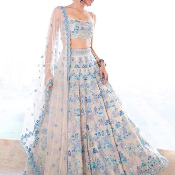 Dresses & Skirts - Elegant Blue Floral Embroidered Lehenga